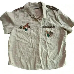 Vintage 90's Women's short sleeve button up with animal print detail l SZ L